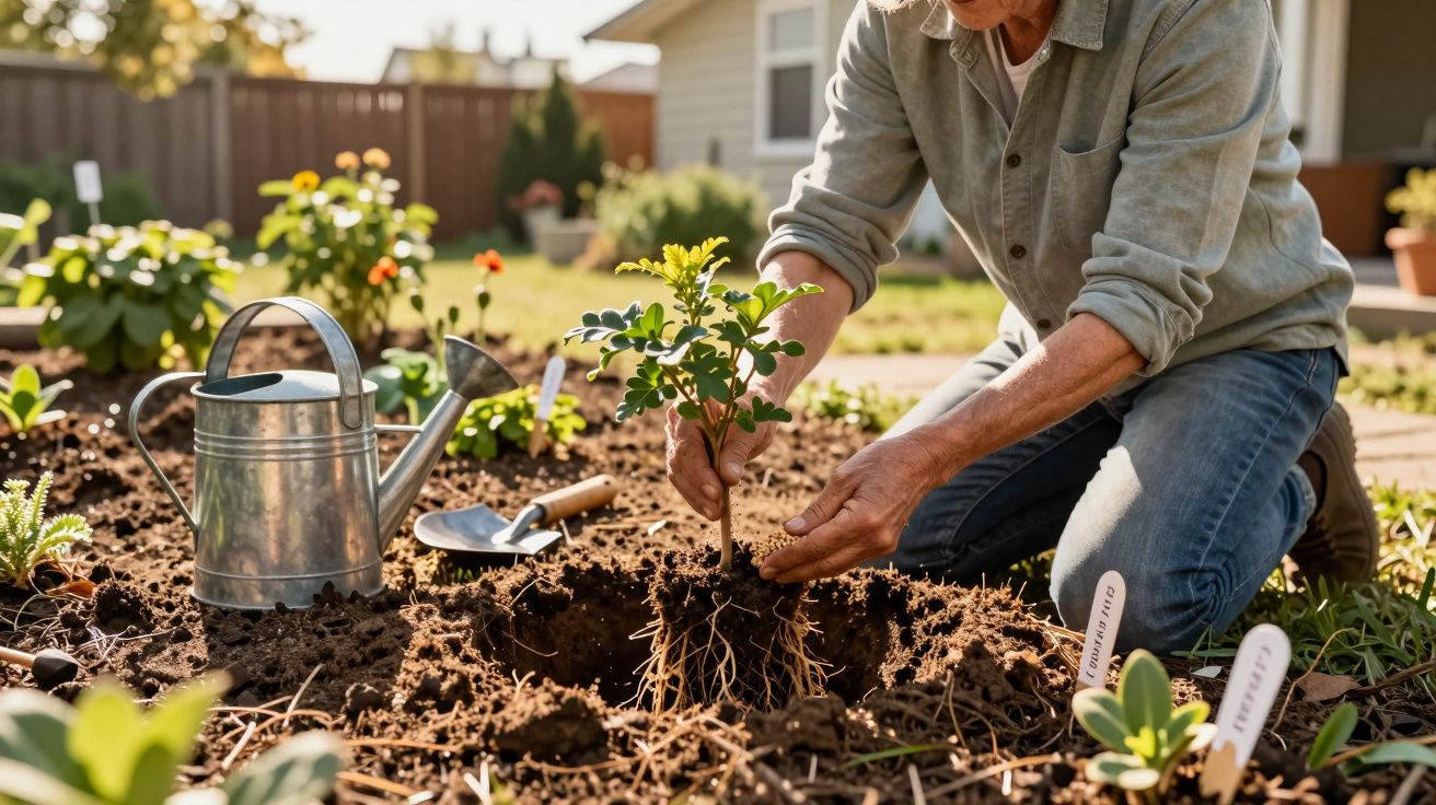 Pessoa plantando muda em canteiro de terra em jardim ensolarado com regador e ferramentas ao lado.