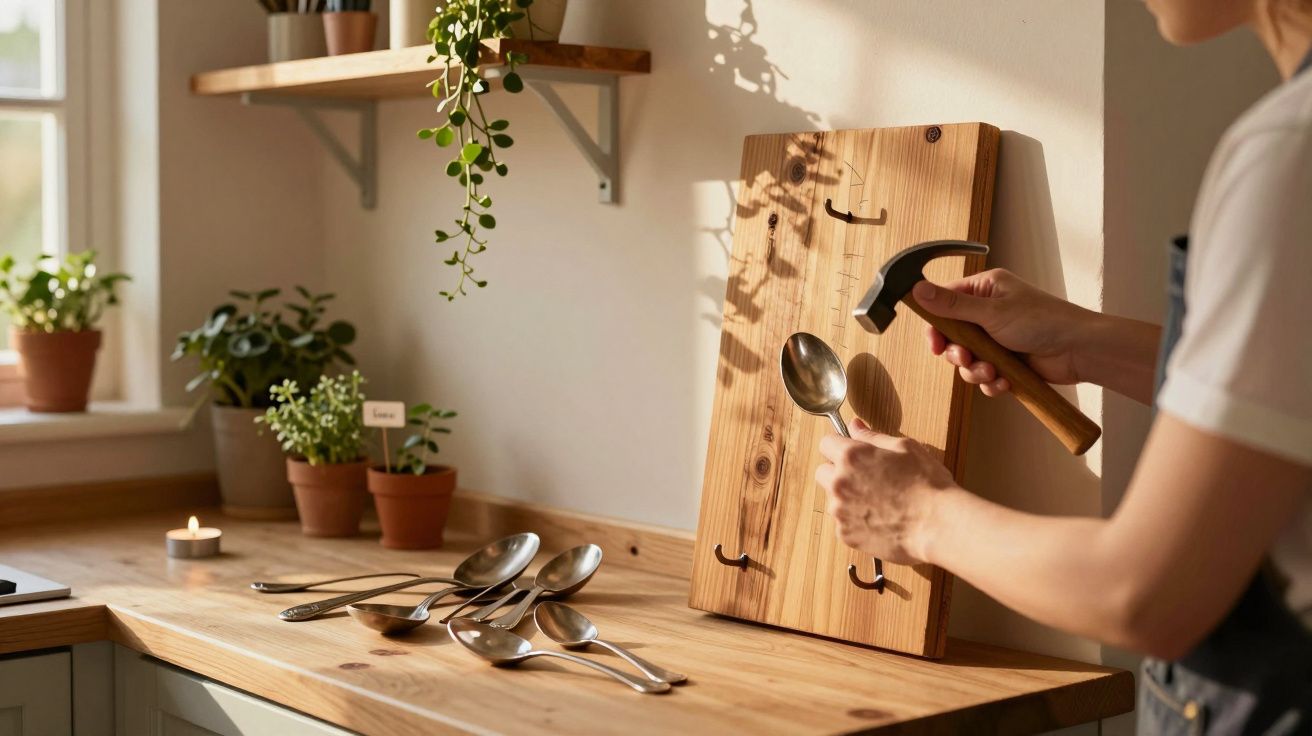 Pessoa fixando colheres em placa de madeira com martelo em cozinha iluminada por luz natural.