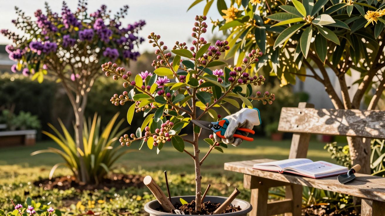 Pessoa podando planta florida em vaso no jardim ao lado de banco de madeira com livro aberto.