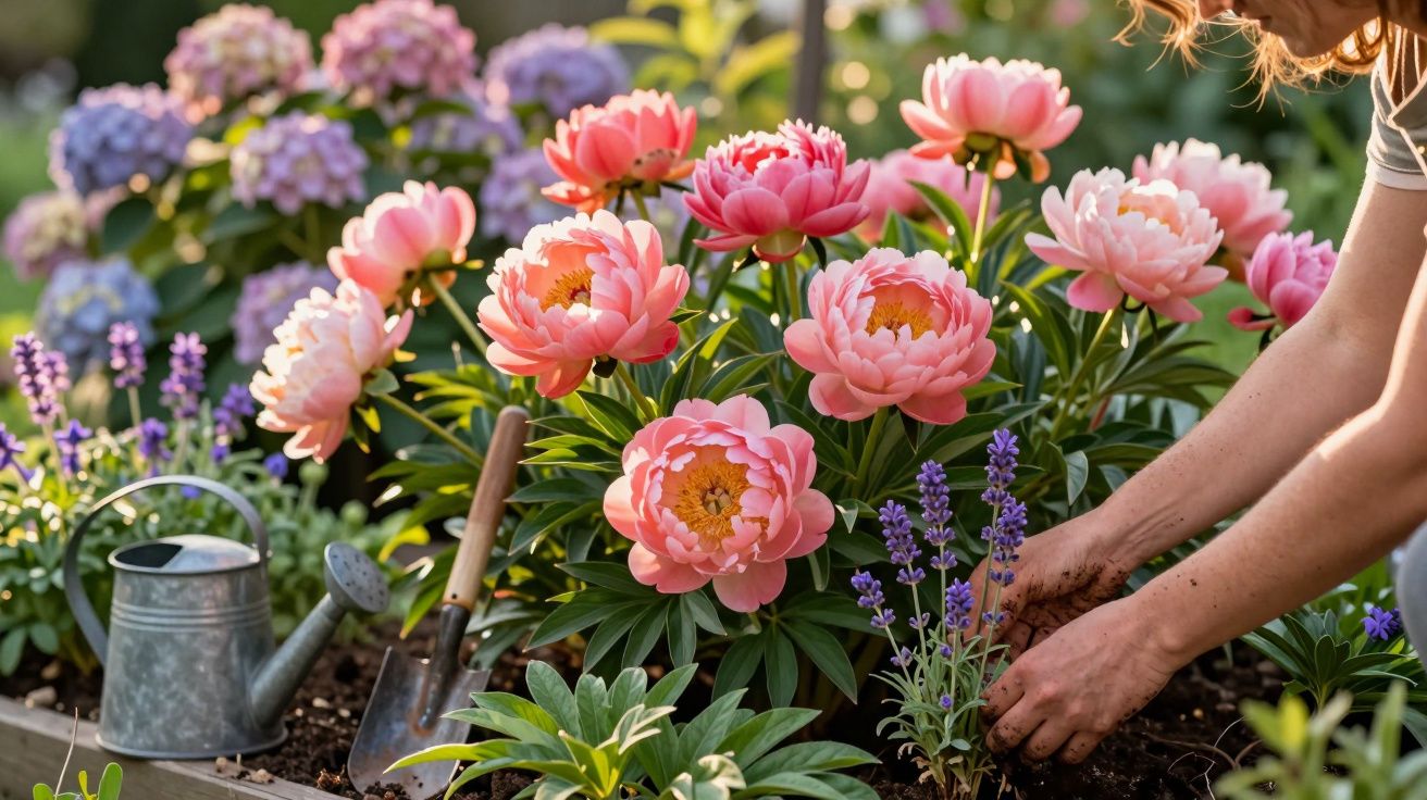 Pessoa cuidando de flores cor-de-rosa e lavandas em jardim ensolarado com regador e ferramentas.