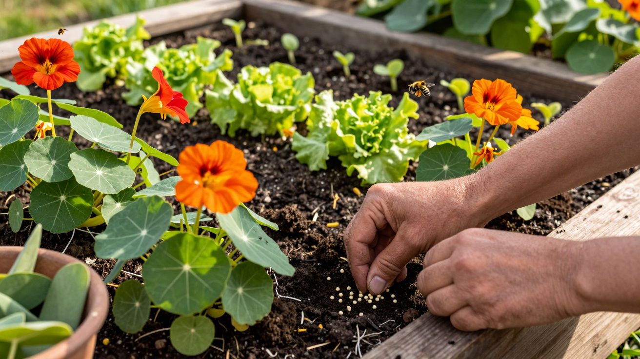 Mãos plantando sementes em canteiro com flores laranjas e plantas verdes em jardim elevado.