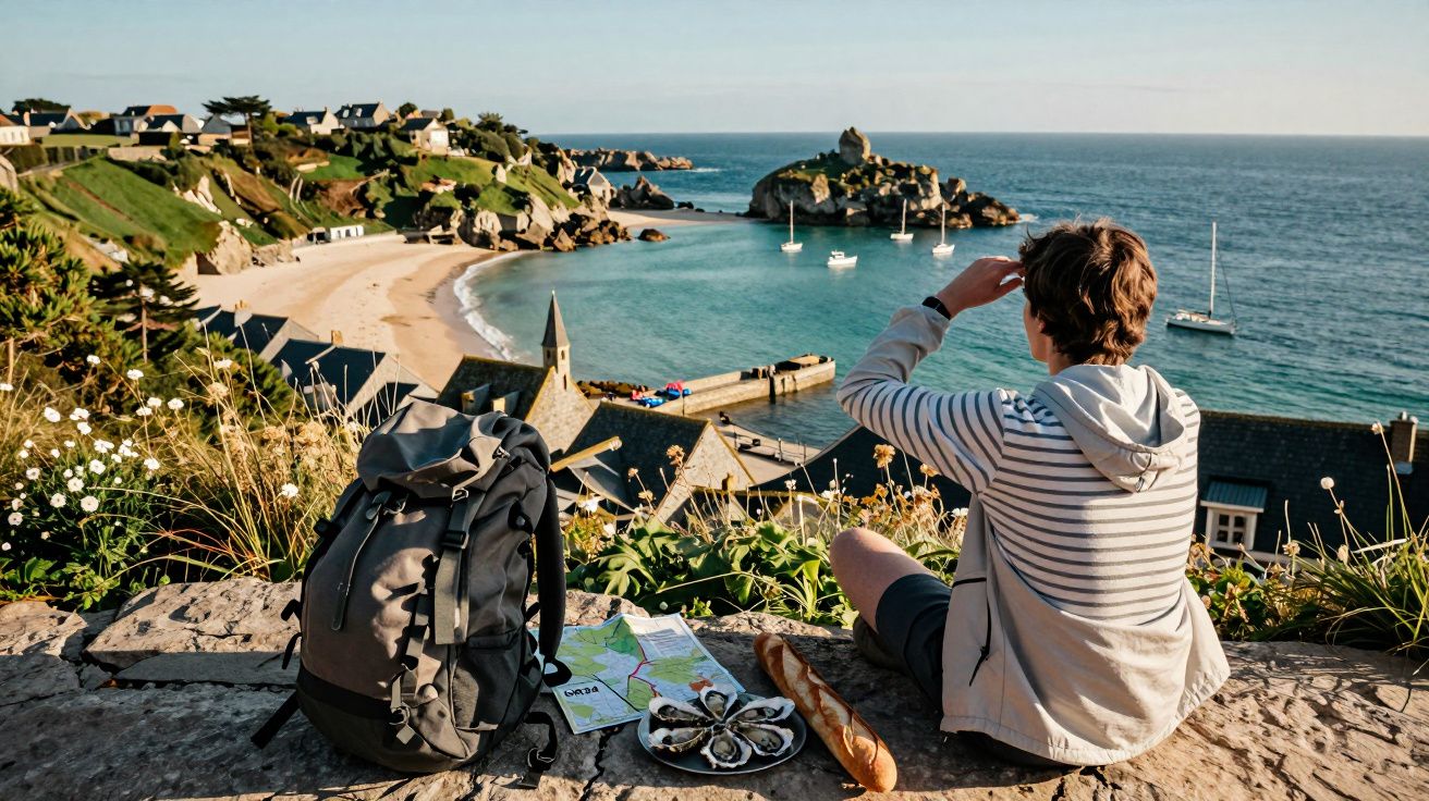 Homem sentado em muro com mochila, mapa, pão e frutos do mar, olhando para vila costeira e mar com barcos ao fundo.