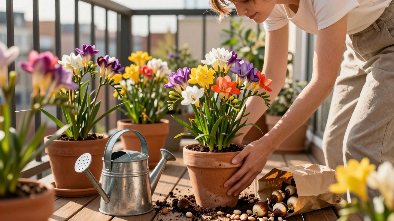 Pessoa organizada vasos de flores coloridas em varanda ensolarada com regador e bulbos de flores.