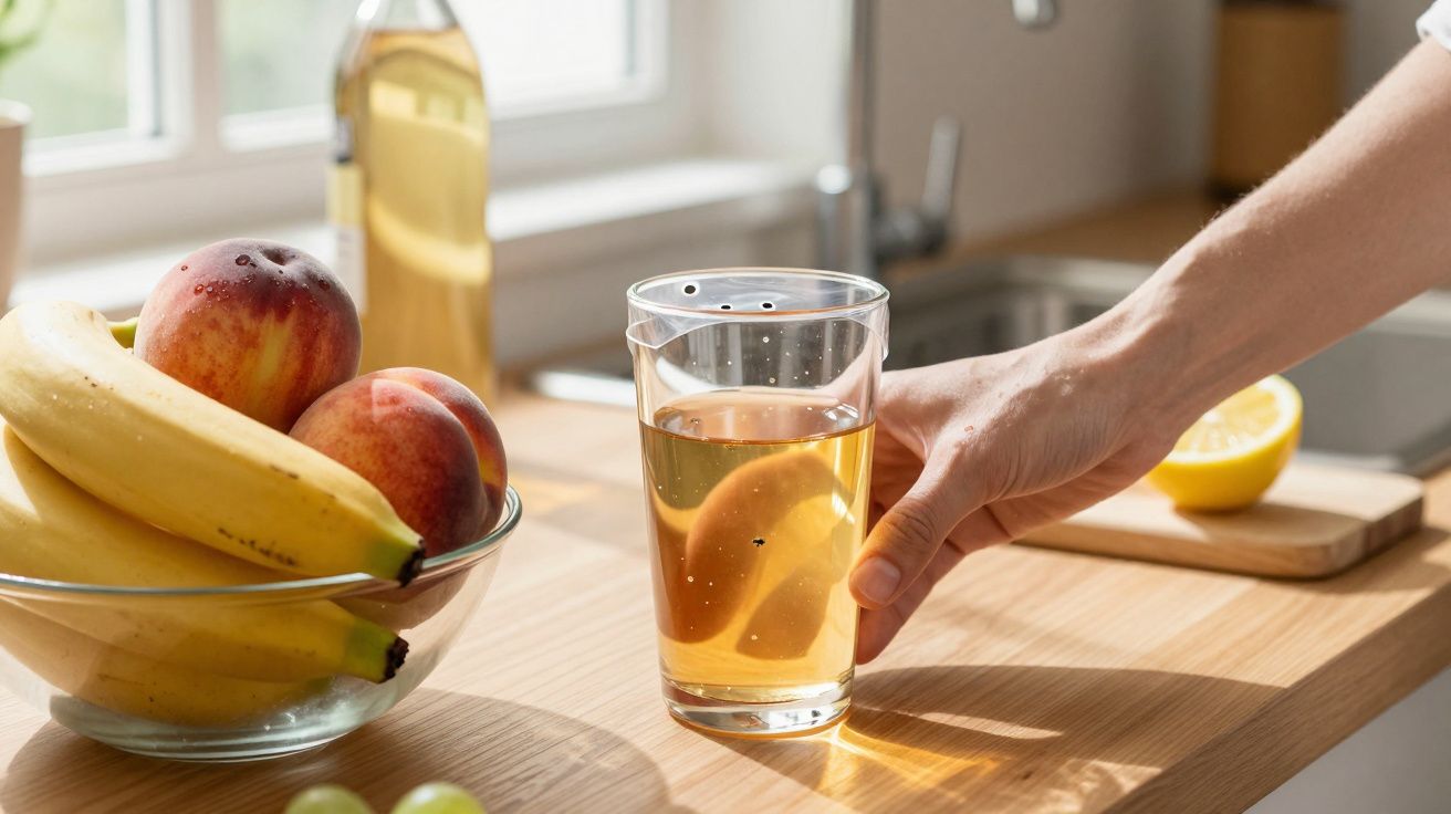 Mão segurando copo com bebida clara e fatia de limão sobre bancada próxima a frutas e garrafa.