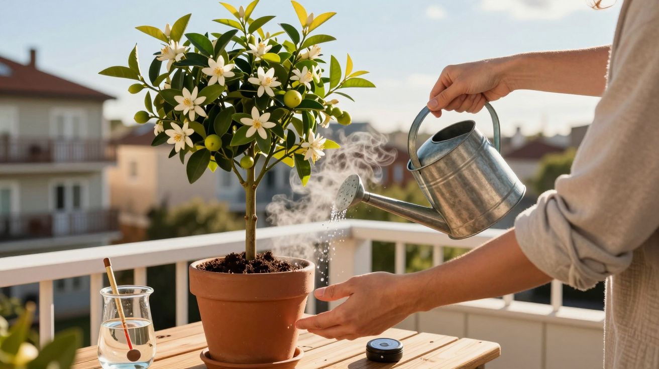 Pessoa regando planta florida em vaso de cerâmica sobre mesa de madeira na varanda ensolarada.