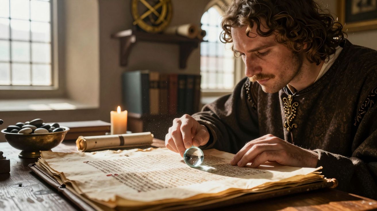 Homem com roupa antiga lê manuscrito antigo usando lente de aumento à luz de vela.