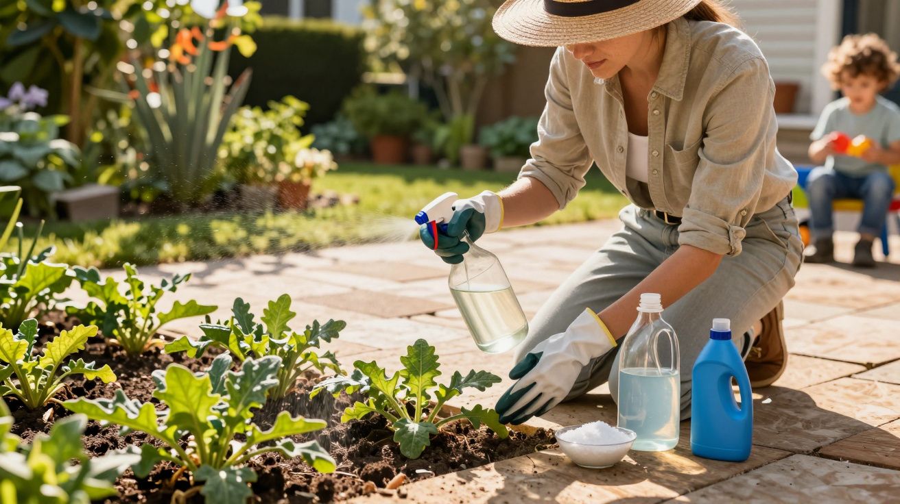 Mulher com chapéu e luvas cuidando de plantas em jardim, borrifando água em um dia ensolarado.