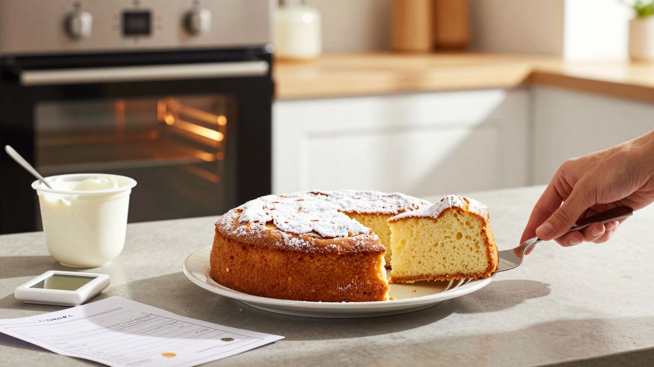 Bolo simples com açúcar de confeiteiro em prato branco sendo servido na cozinha moderna clara.