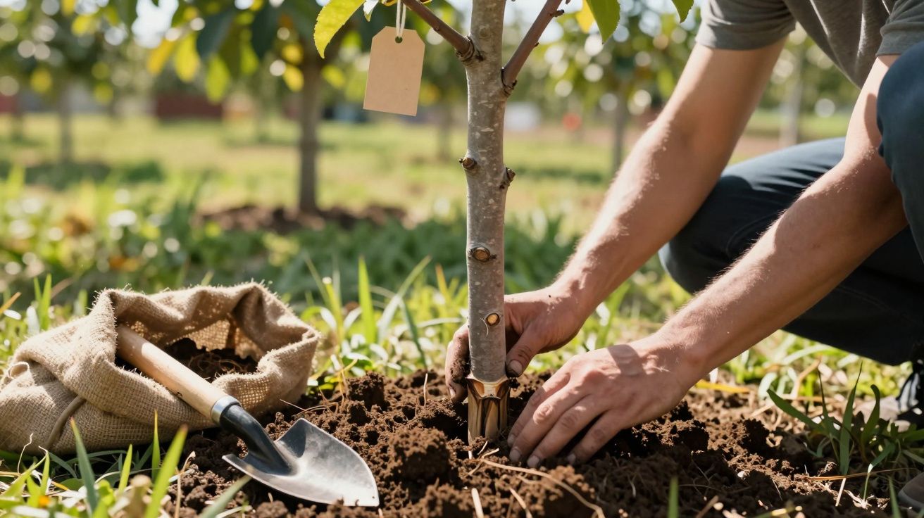 Pessoa plantando muda de árvore em solo fértil com pá de jardinagem e saco de terra ao lado.