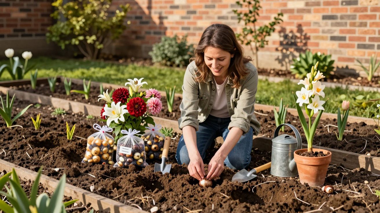 Mulher plantando bulbos em canteiro de terra com flores, regador e ferramentas ao redor.