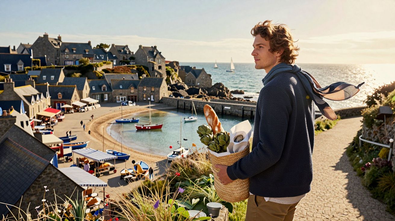 Homem com cesta de compras observa vila de casas à beira-mar com barcos ancorados no porto.