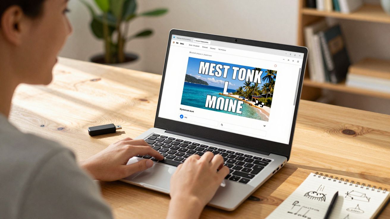 Pessoa usando laptop em mesa de madeira exibindo imagem tropical com texto distorcido em inglês.