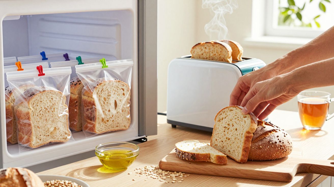 Pão sendo retirado de sacos plásticos no congelador, e torradas saindo de torradeira em cozinha iluminada.