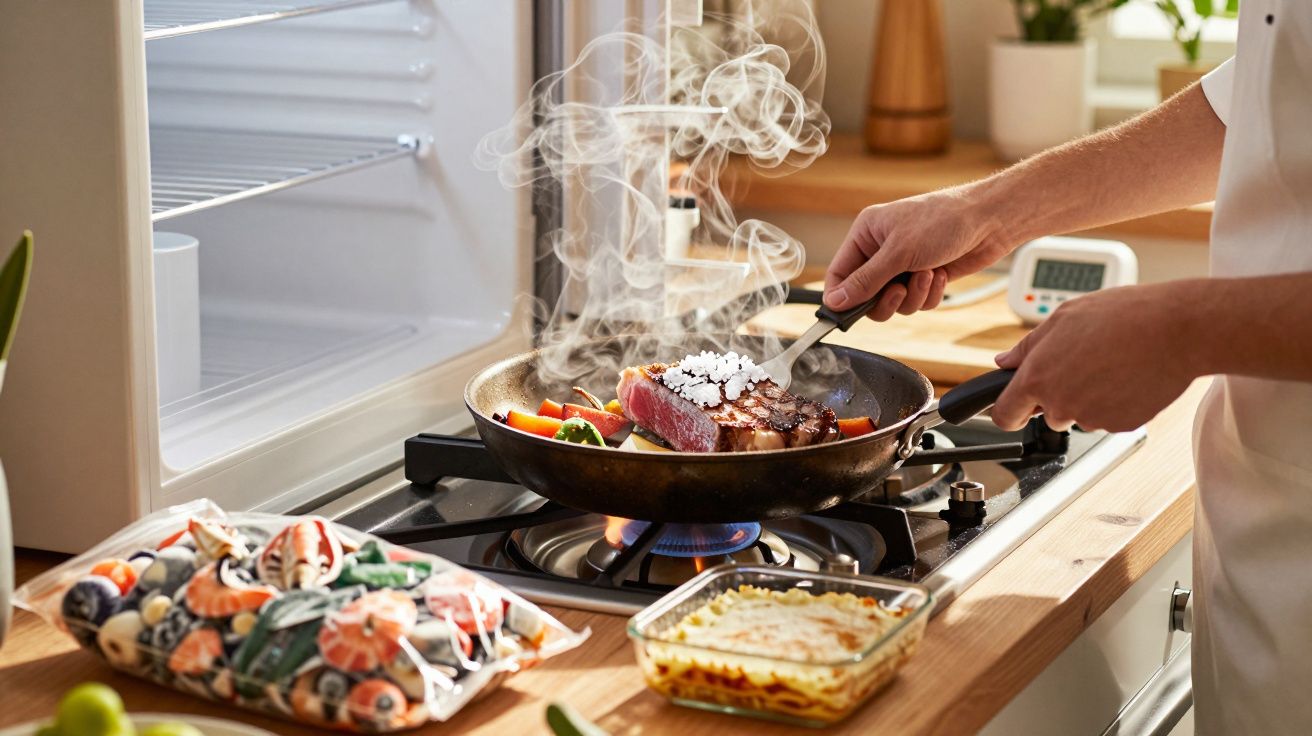 Mãos virando bife na frigideira com legumes em fogão a gás em cozinha iluminada.