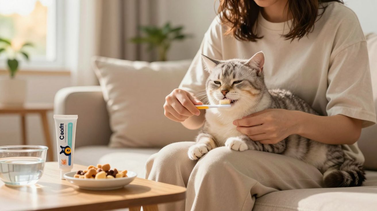 Mulher escova os dentes de um gato cinza sentado no colo em sala iluminada.