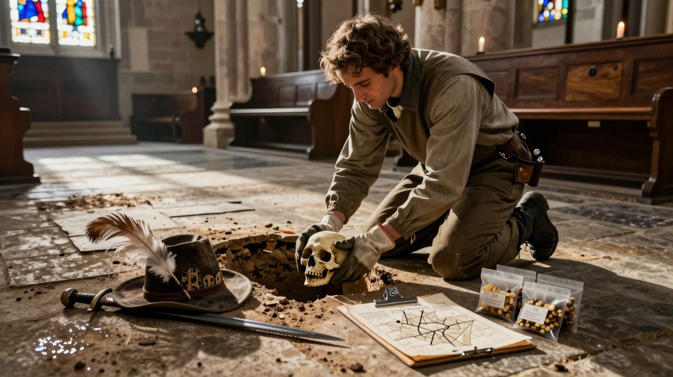 Homem ajoelhado em igreja segura crânio perto de buraco no chão com chapéu, espada, mapa e sacos de balas.