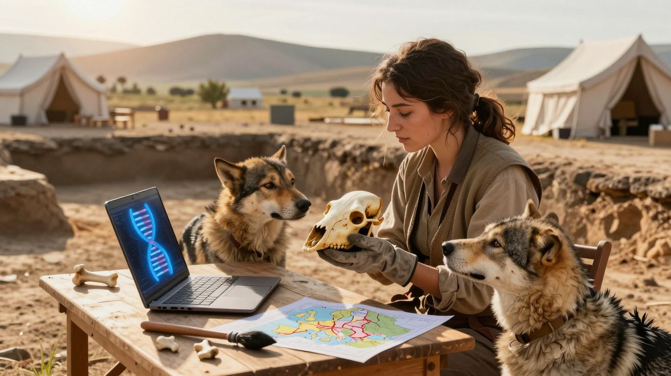Mulher analisa crânio de lobo com dois cães ao redor, laptop e mapa em mesa ao ar livre no deserto.