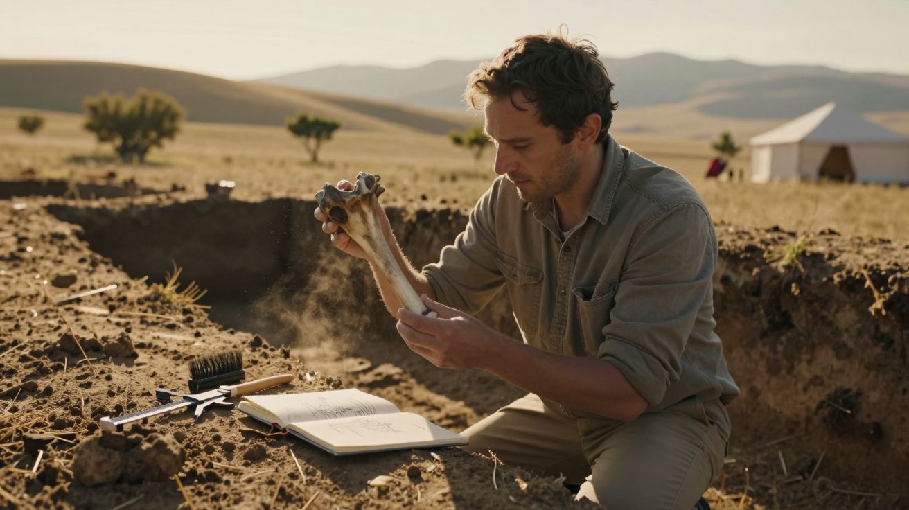 Homem escavando e examinando ossos em sítio arqueológico ao ar livre com caderno aberto e ferramentas.