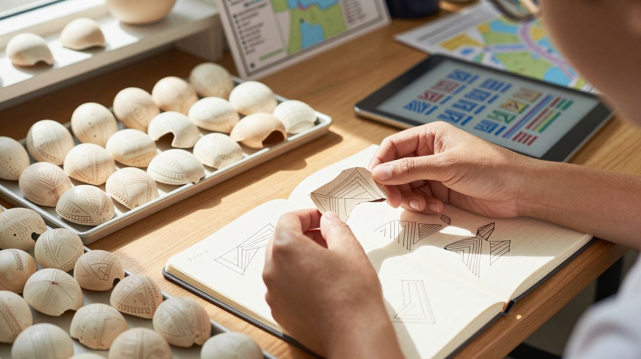 Pessoa desenhando e montando padrões geométricos em papel, com formas esculpidas em madeira ao redor.