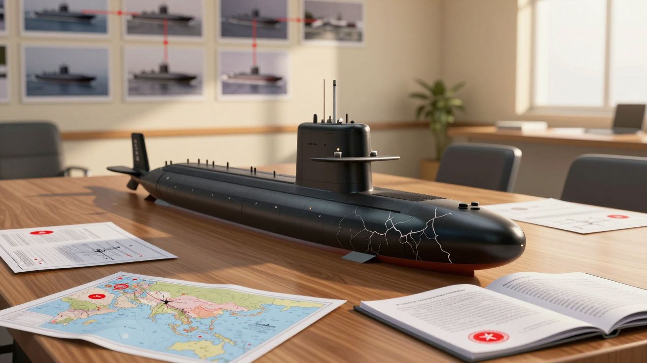 Modelo de submarino preto sobre mesa de reunião com mapas e documentos ao redor em sala com quadros na parede.
