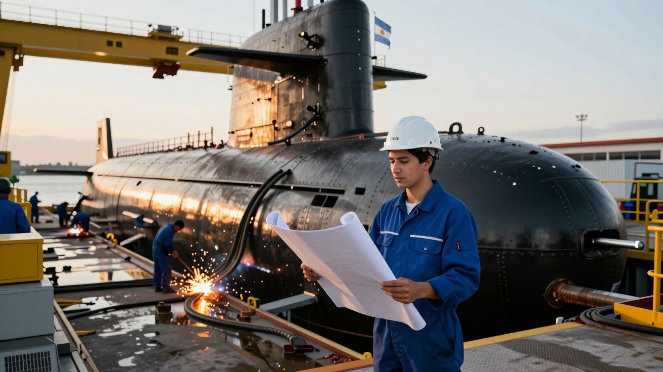 Engenheiro com capacete e macacão azul analisando planta perto de submarino em doca de manutenção.