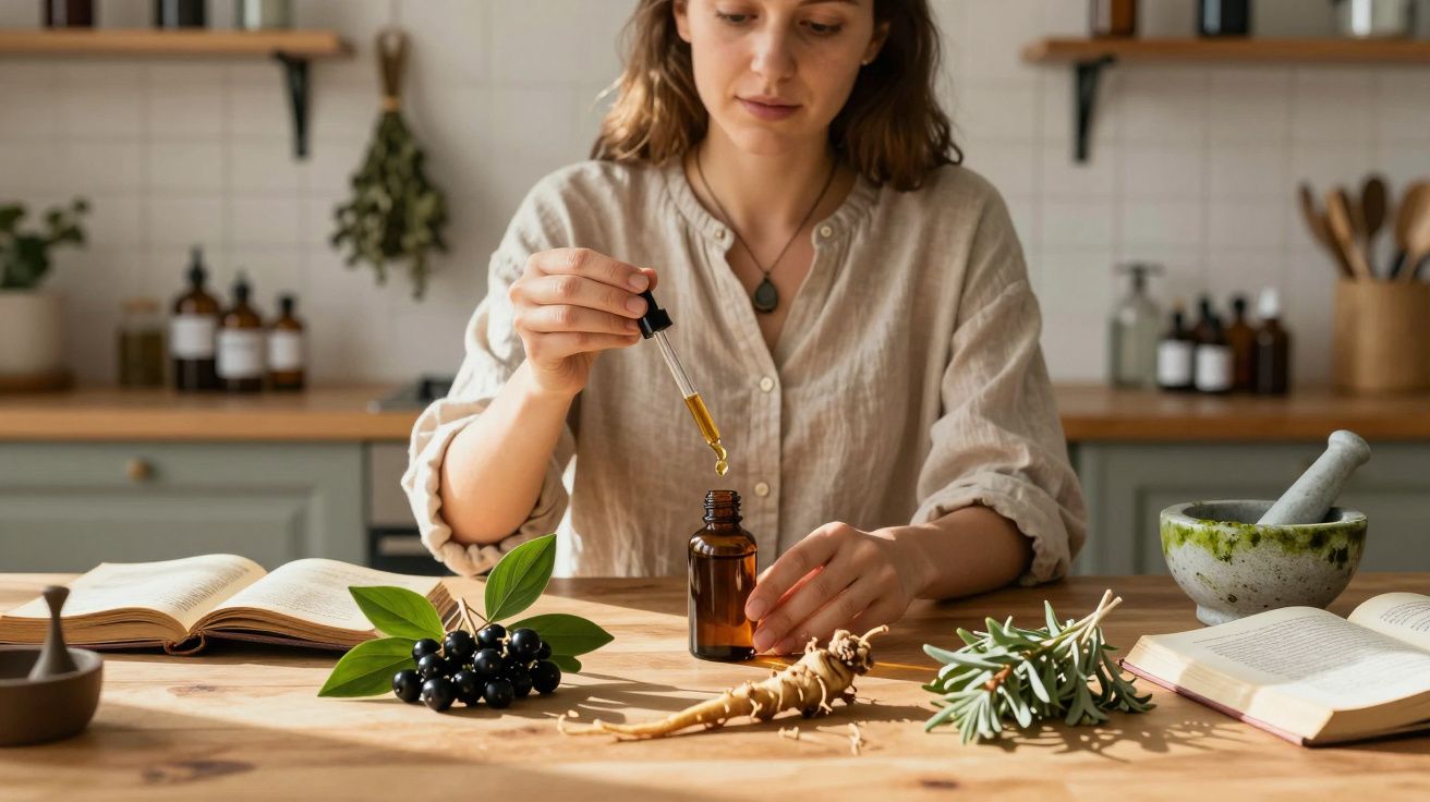 Mulher preparando óleo essencial com plantas e ervas em uma bancada de madeira iluminada.
