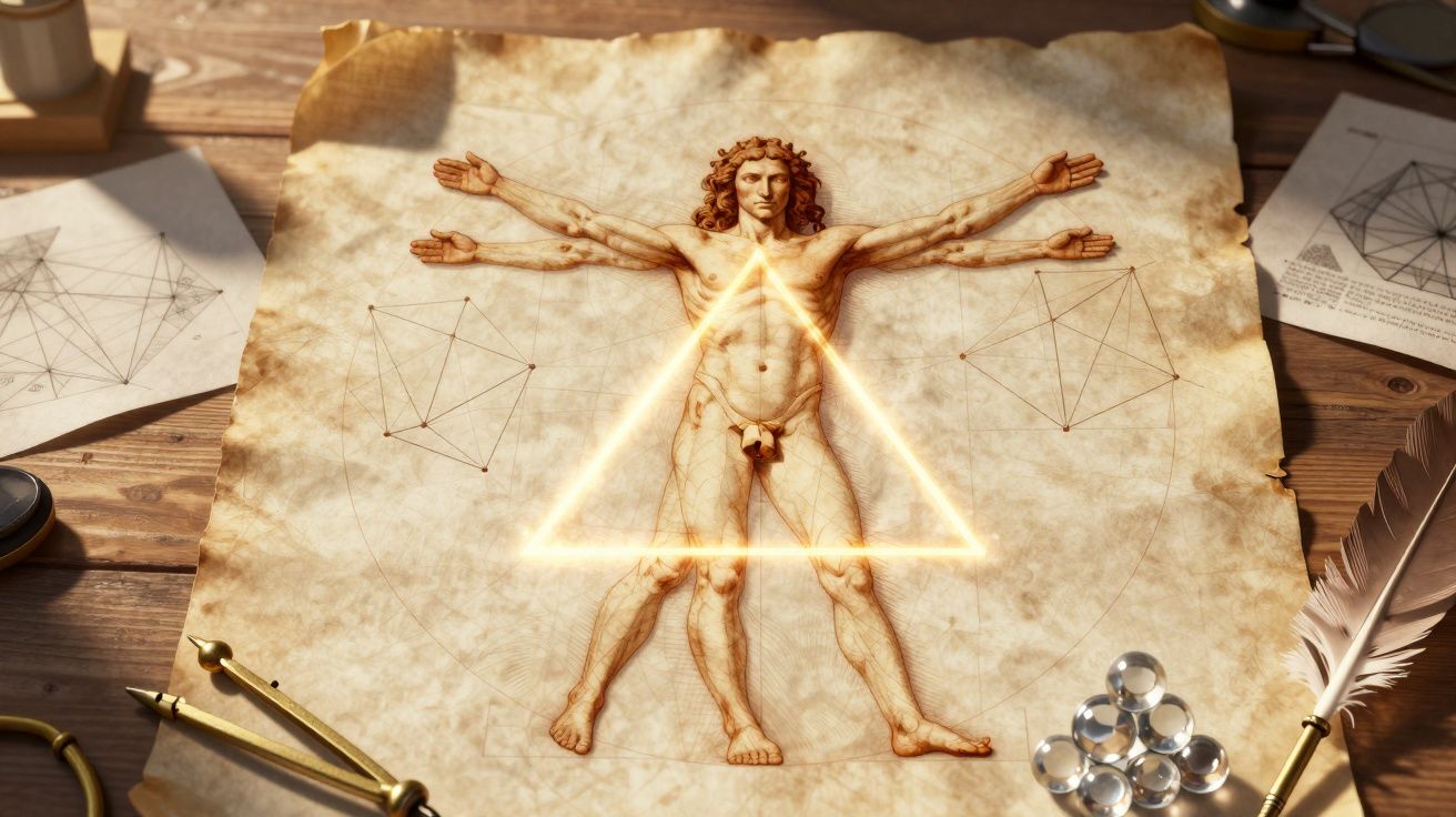 Desenho renascentista do Homem Vitruviano com triângulo luminoso sobreposto em papel antigo sobre mesa de madeira.