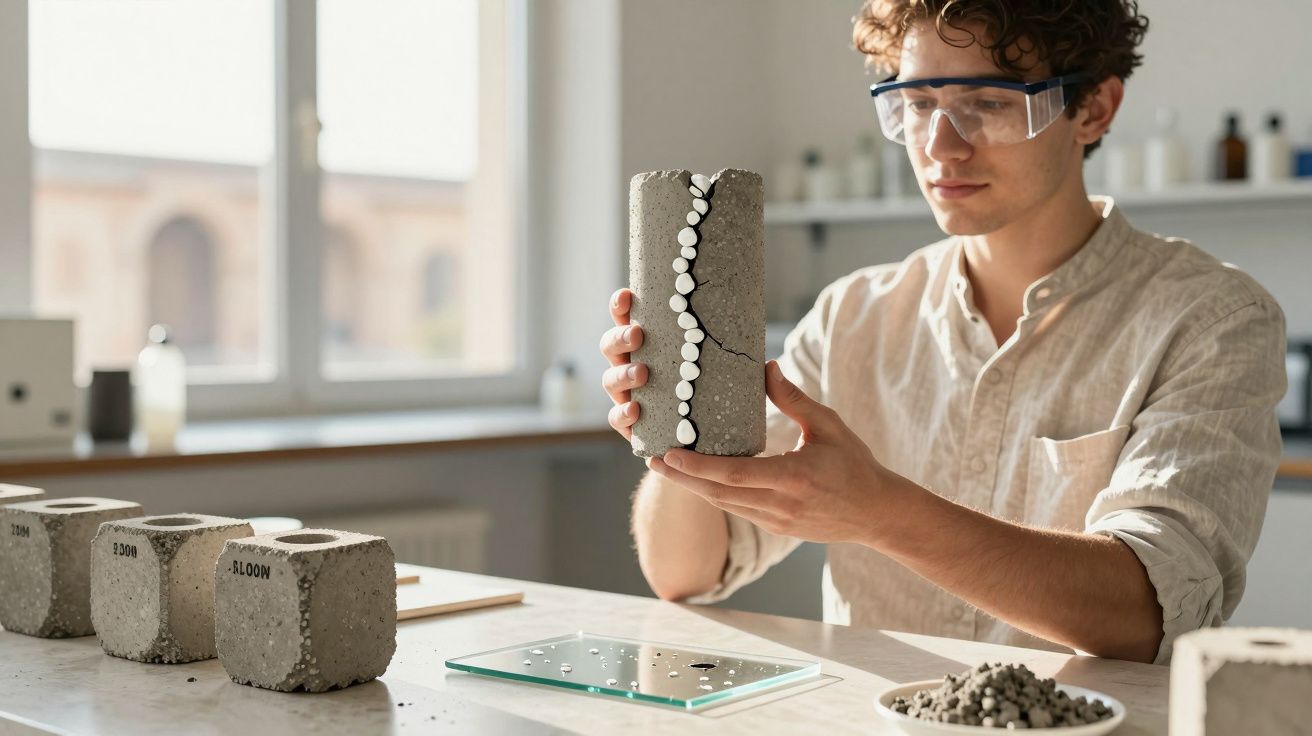 Jovem segurando amostra de concreto com rachaduras e botões brancos, usando óculos de proteção em laboratório.