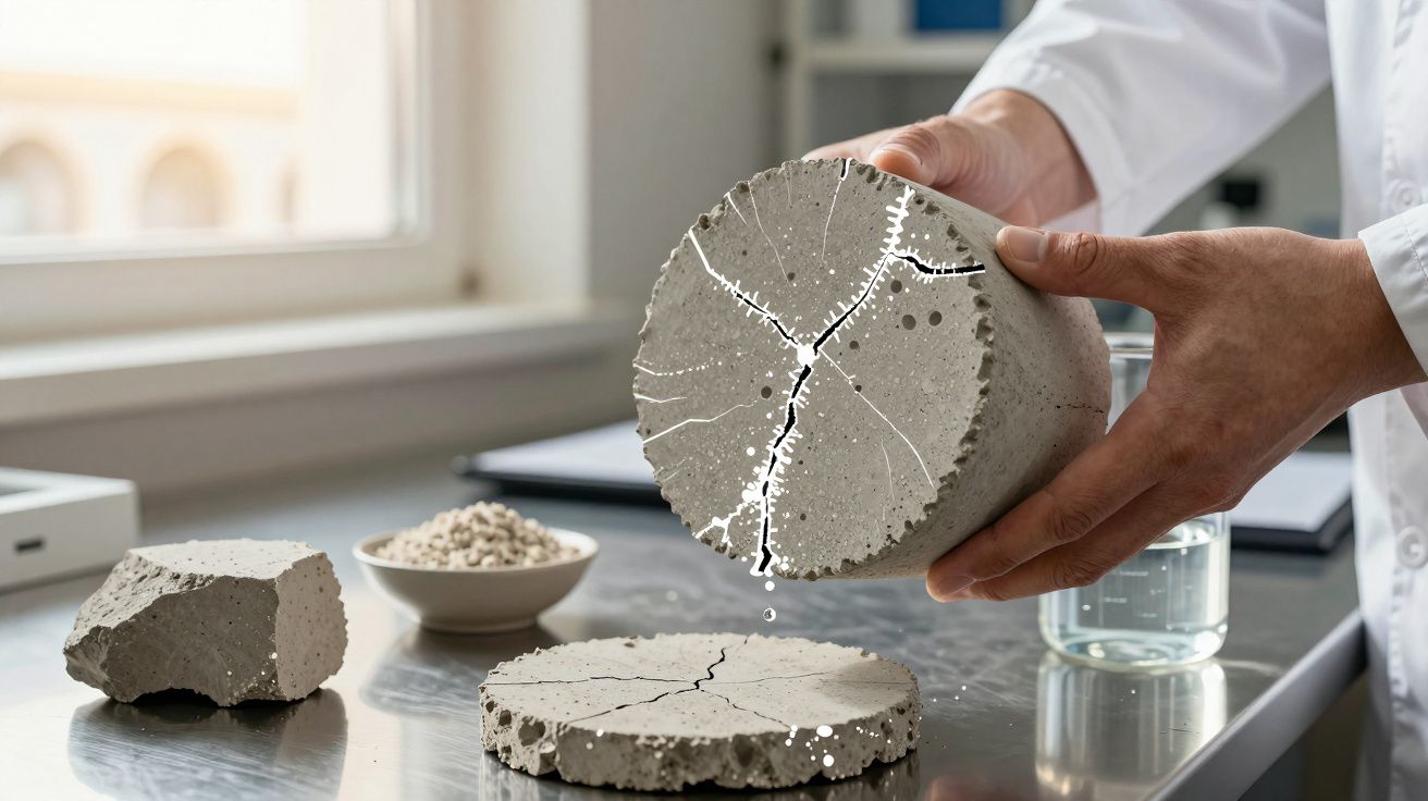 Mãos segurando cilindro de concreto trincado em laboratório com amostras de concreto na mesa.