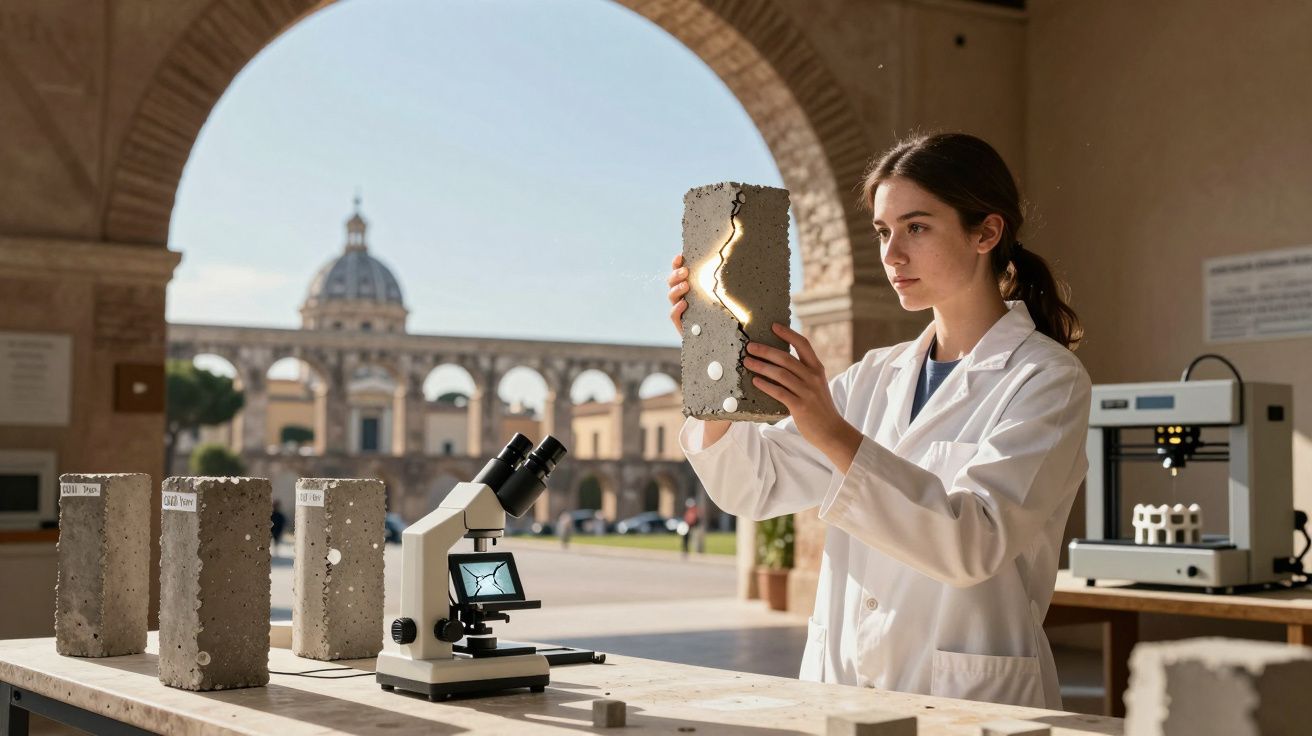 Jovem cientista examina bloco de concreto rachado com luz interna em laboratório ao ar livre histórico.
