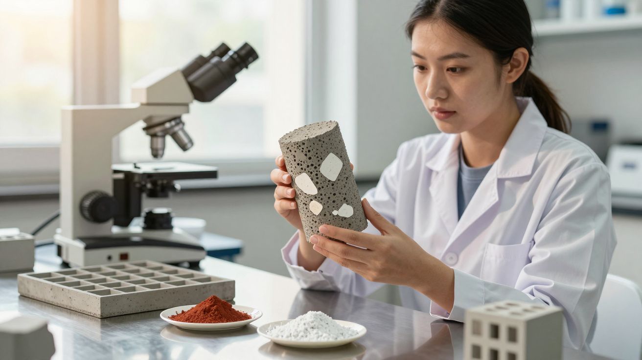 Pesquisadora examina amostra de concreto em laboratório com microscope e pós coloridos na mesa.