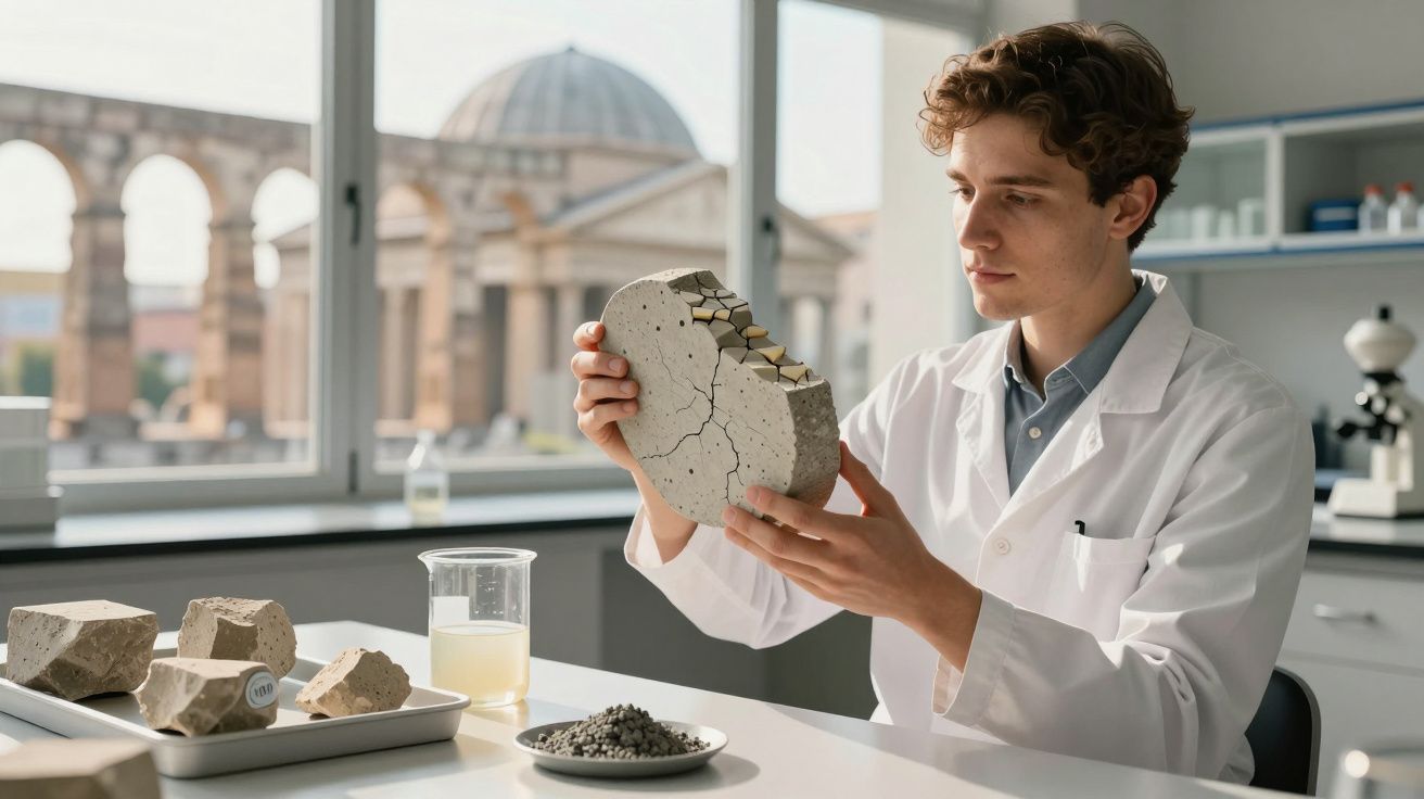 Jovem cientista em laboratório analisando modelo de concreto com rachaduras, cercado por amostras e instrumentos.