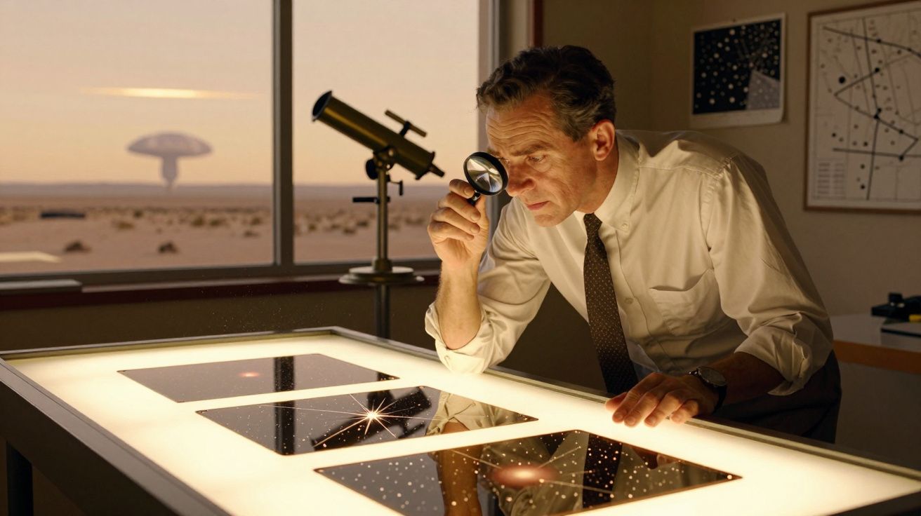 Homem examina com lupa fotografias de estrelas em mesa iluminada, com telescópio e deserto ao fundo.