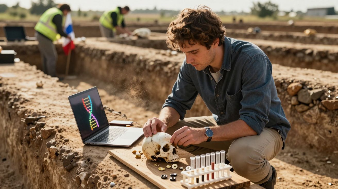 Arqueólogo examina crânio humano em escavação ao ar livre com equipamento e DNA no laptop.
