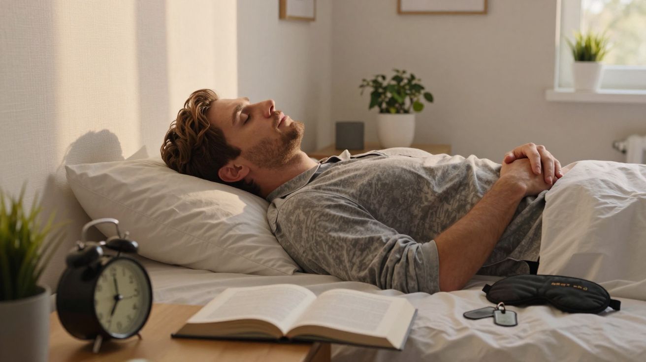 Homem deitado na cama com olhos fechados, relógio e livro abertos na mesa ao lado, em quarto iluminado.