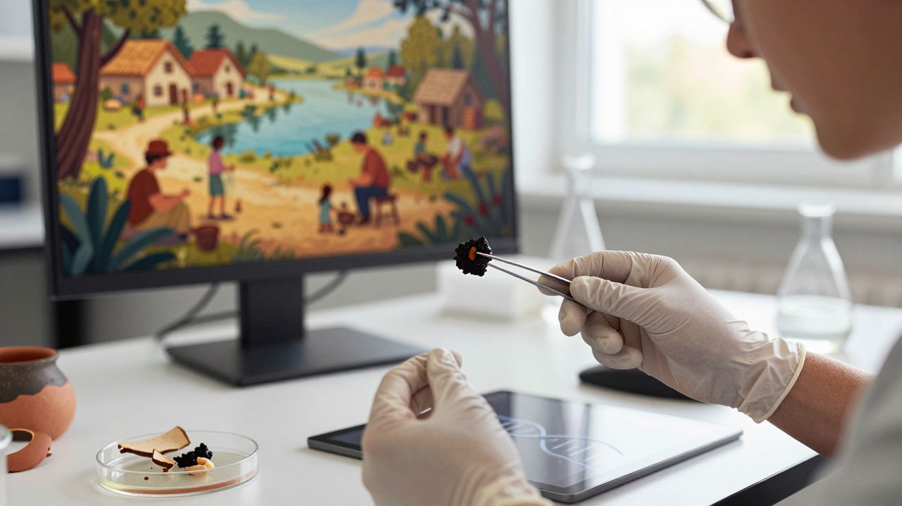Pessoa com luvas manipulando amostra com pinça, com tela de computador mostrando pintura colorida ao fundo.