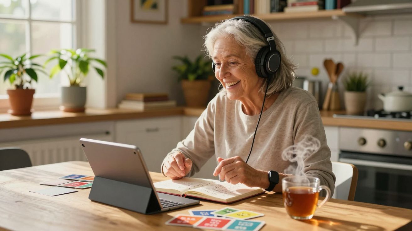Mulher idosa sorrindo, usando fones, assistindo tablet, com caderno e chá quente na cozinha iluminada.