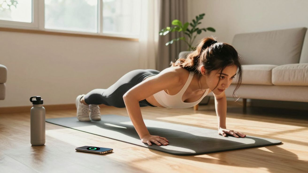 Mulher fazendo flexão de braço em tapete de yoga em sala iluminada e com garrafa e celular no chão.