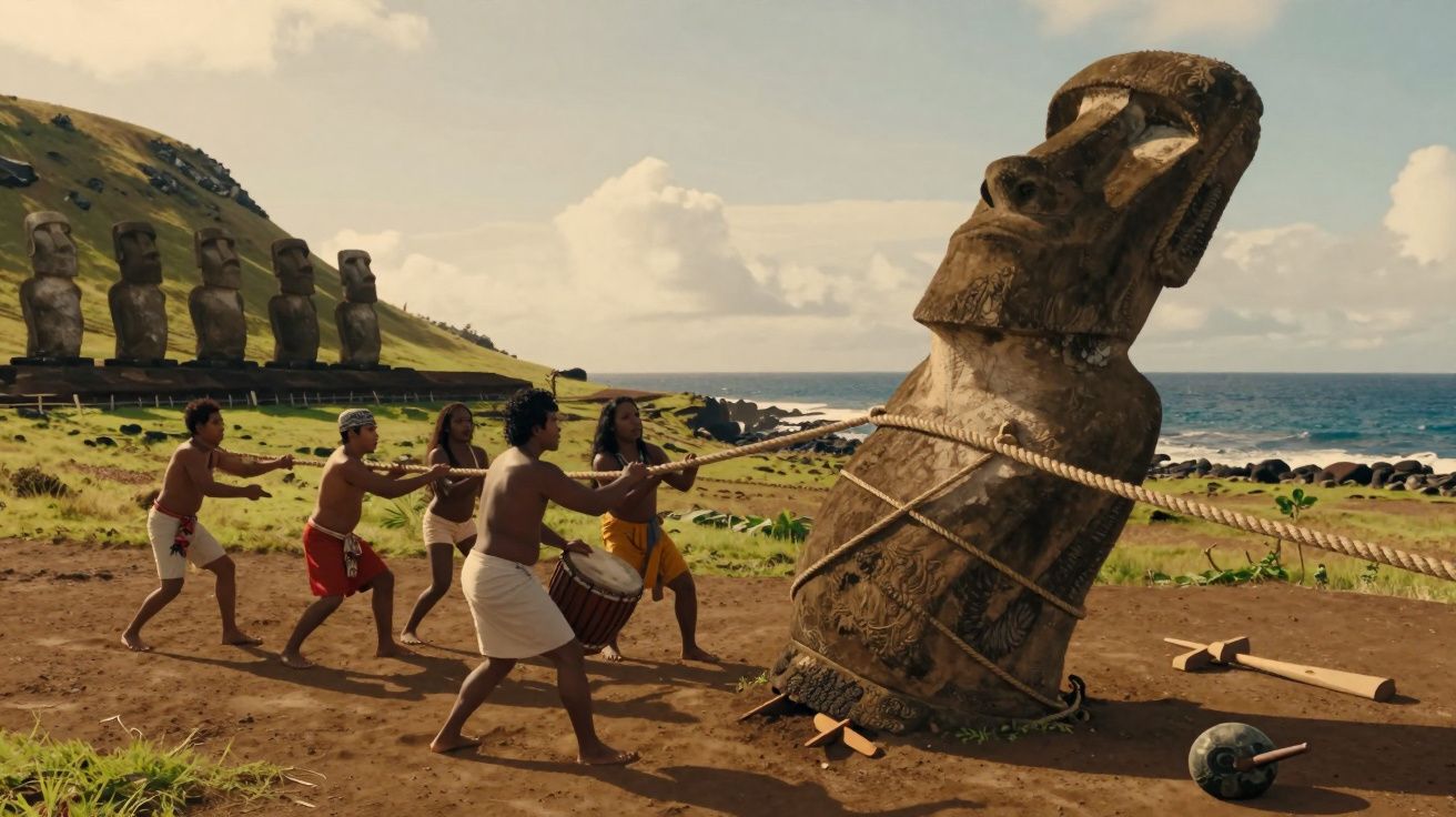 Homens puxam uma estátua Moai de pedra com cordas na Ilha de Páscoa, com o mar ao fundo.