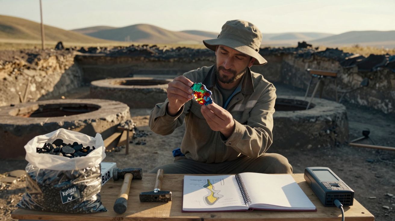 Homem em roupa de explorador analisa fragmento colorido em campo arqueológico com ferramentas e caderno aberto.