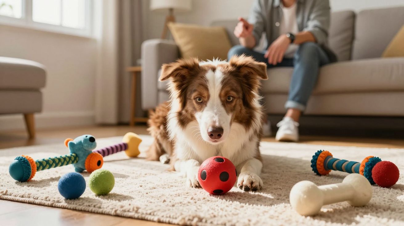 Cachorro marrom e branco deitado em tapete com vários brinquedos ao redor, pessoa ao fundo no sofá.