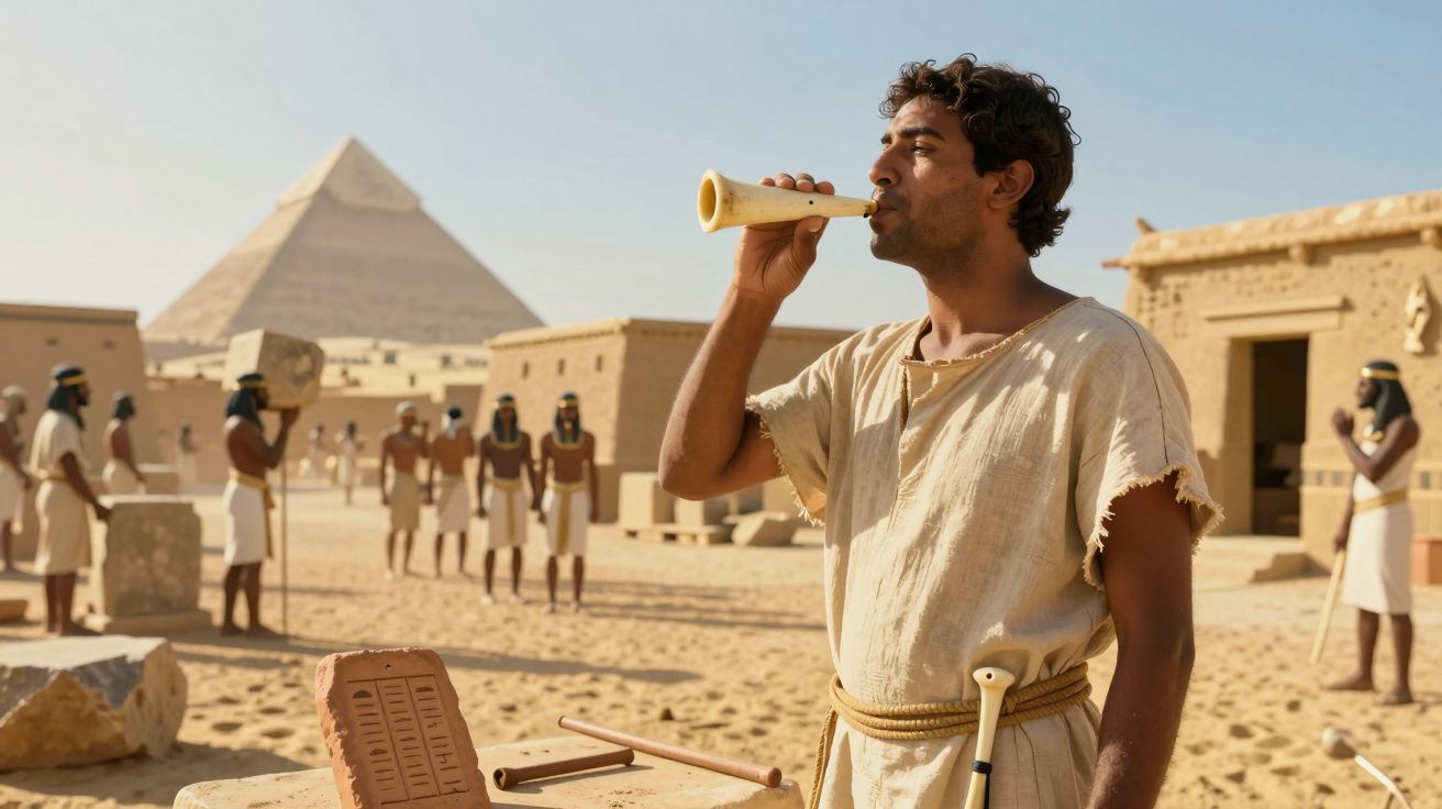 Homem com roupa antiga bebendo em local histórico com pirâmide e pessoas ao fundo no deserto.