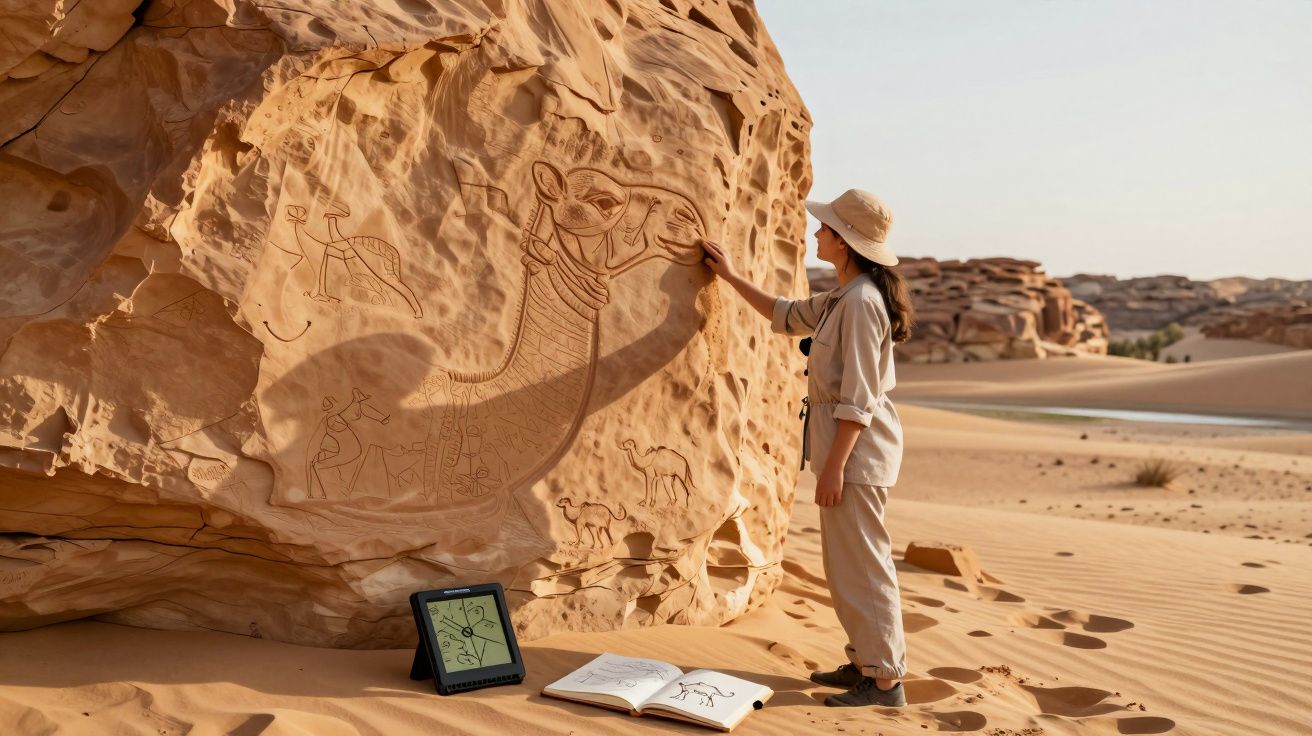 Pesquisadora examina inscrições rupestres de camelos em pedra no deserto com livro e tablet no chão.