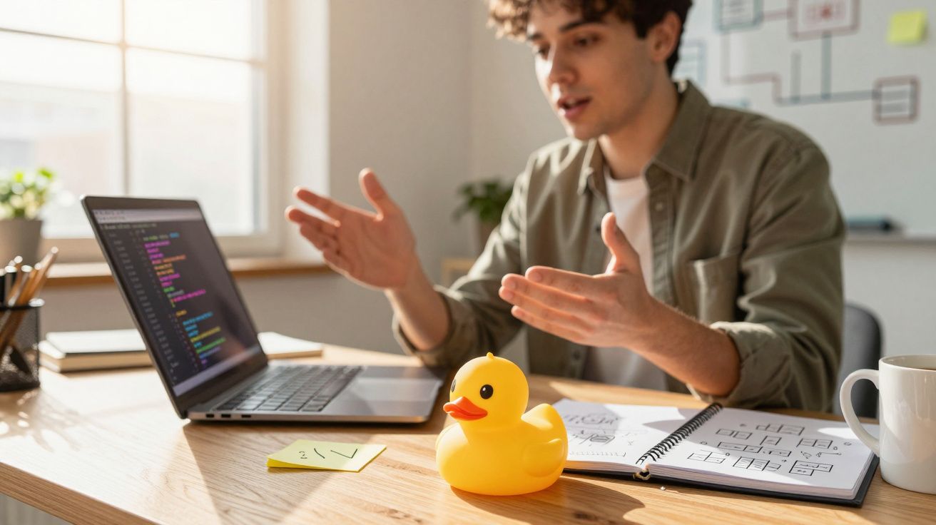 Pessoa explicando programação com código no laptop, um pato de borracha e caderno na mesa.