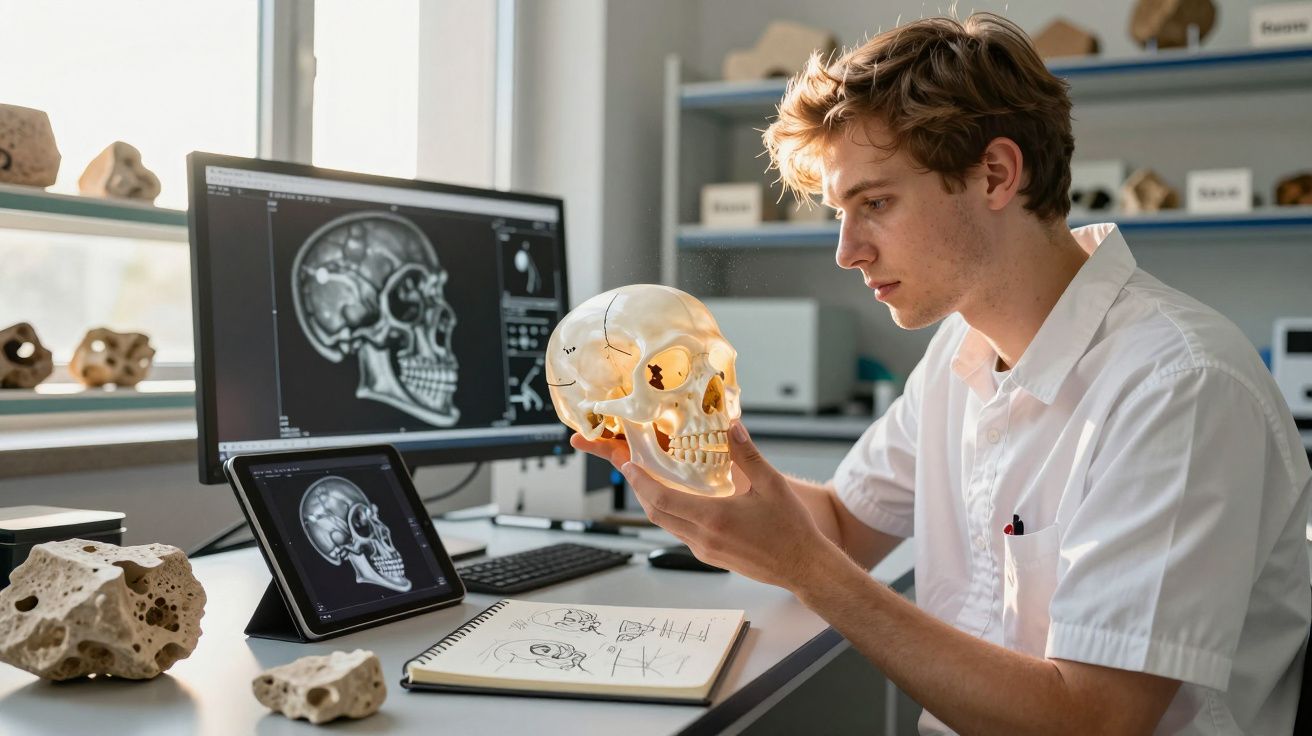 Jovem estudando um crânio humano artificial com imagens de tomografia no computador e tablet.