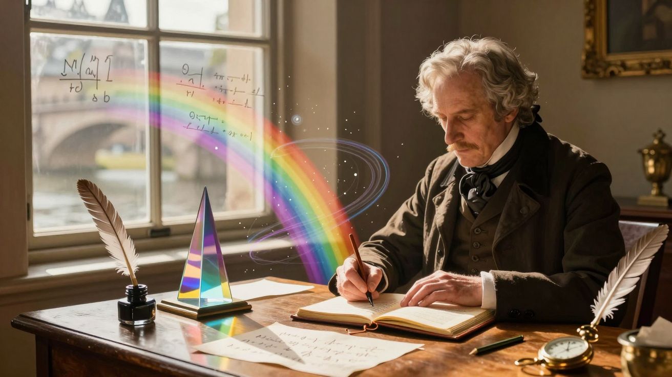 Homem âgido escreve em caderno com prisma e arco-íris saindo da mesa perto de janela iluminada.