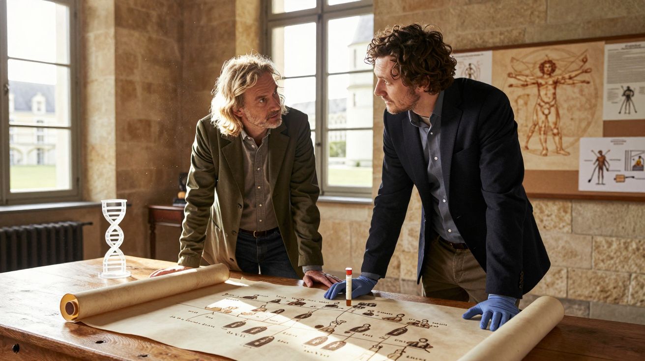 Dois homens discutem mapa genealógico antigo em sala com janelas grandes e desenhos de anatomia nas paredes.