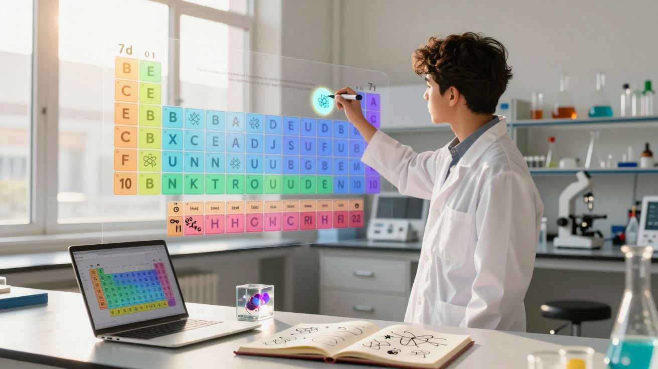Criança em laboratório escrevendo na tabela periódica digital projetada à sua frente.