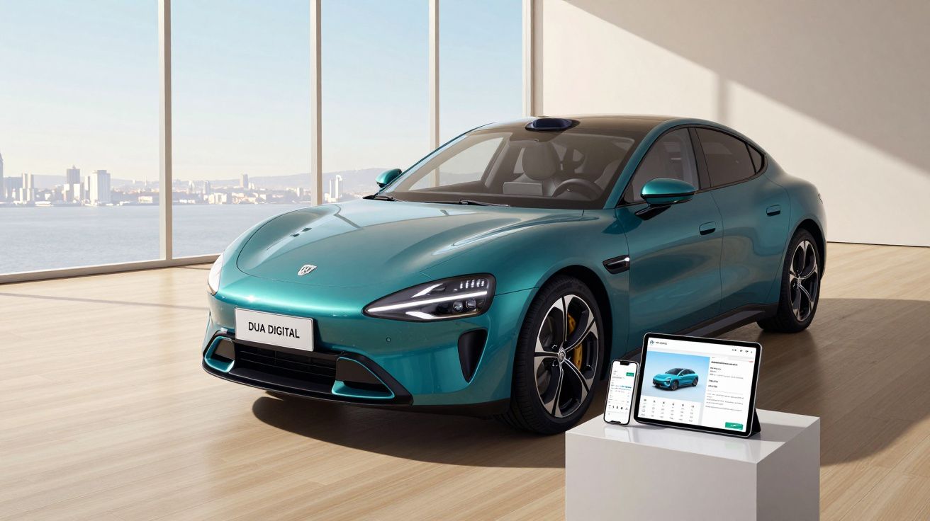 Carro elétrico azul metálico exposto em sala com janelas amplas e dispositivos digitais ao lado.