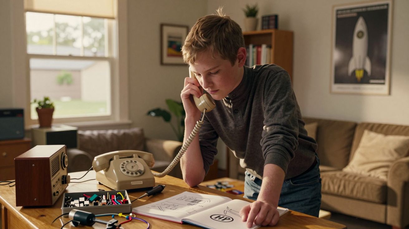 Adolescente ao telefone discute projetos de eletrônica em uma mesa com livros e equipamentos antigos.